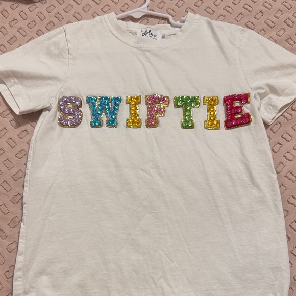 Lola + The Boys Other - Lola + The Boys swiftie White Tee with Colorful Sequin Letters